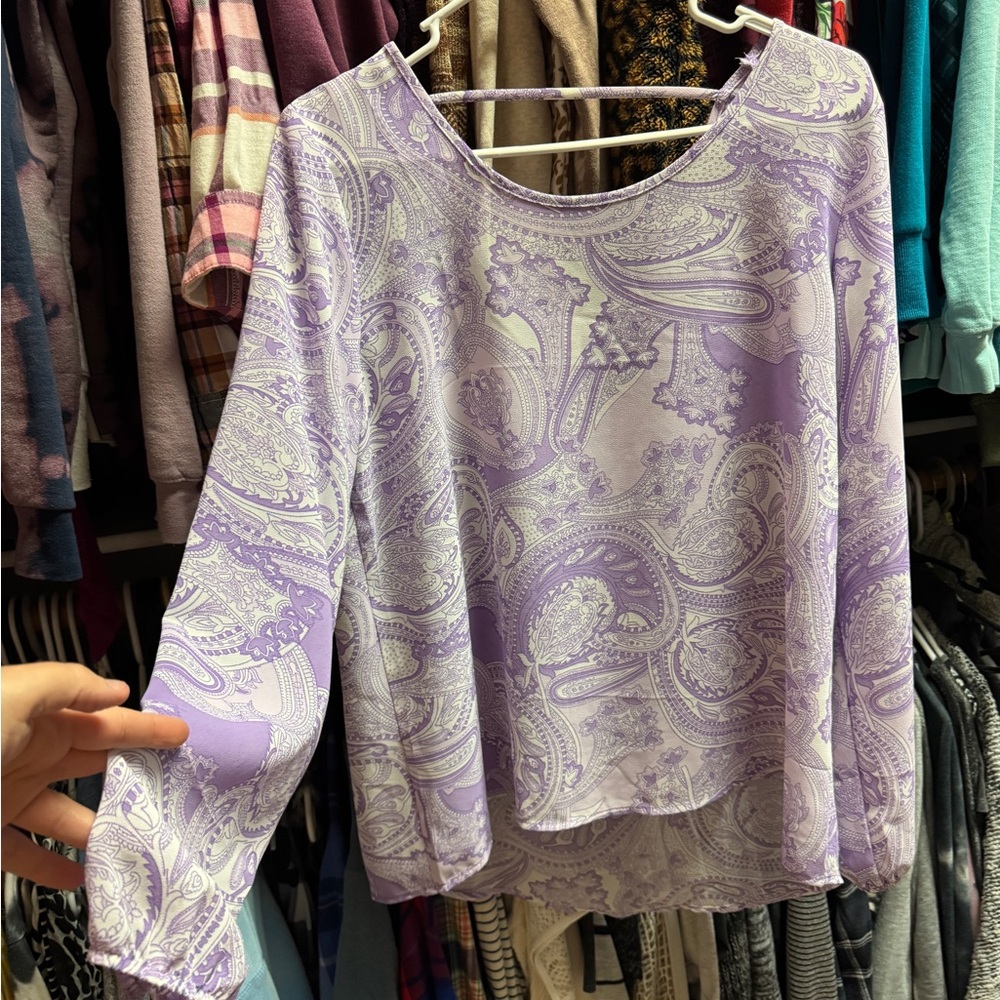 Charming Charlie Sheer Hi- Low Purple Paisley Blouse